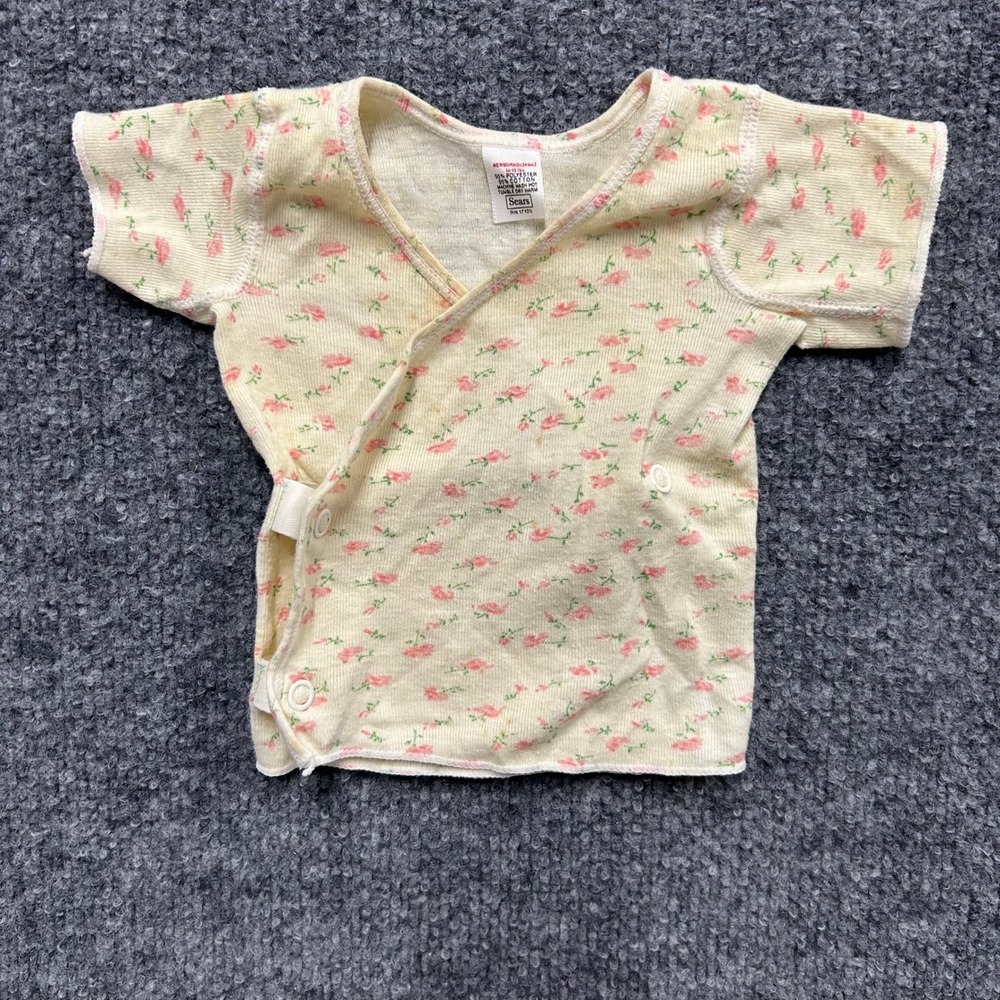 Sears Side Snap Shirt Baby Size Newborn Cream Pink Floral Ribbed Knit Vintage